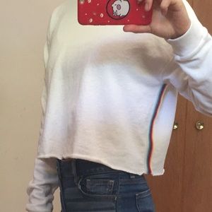 Slightly cropped white crew neck w rainbow stripes